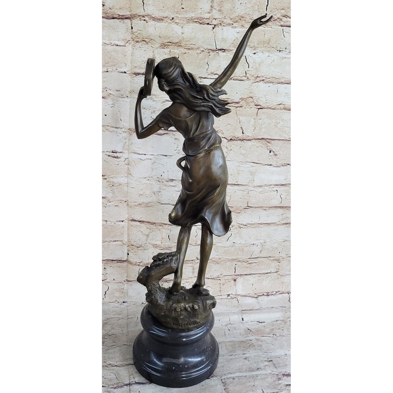 Girl Playing Tambourine Bronze Statue Sculpture Figure Musical Decor 20 Inches X 9 Inches