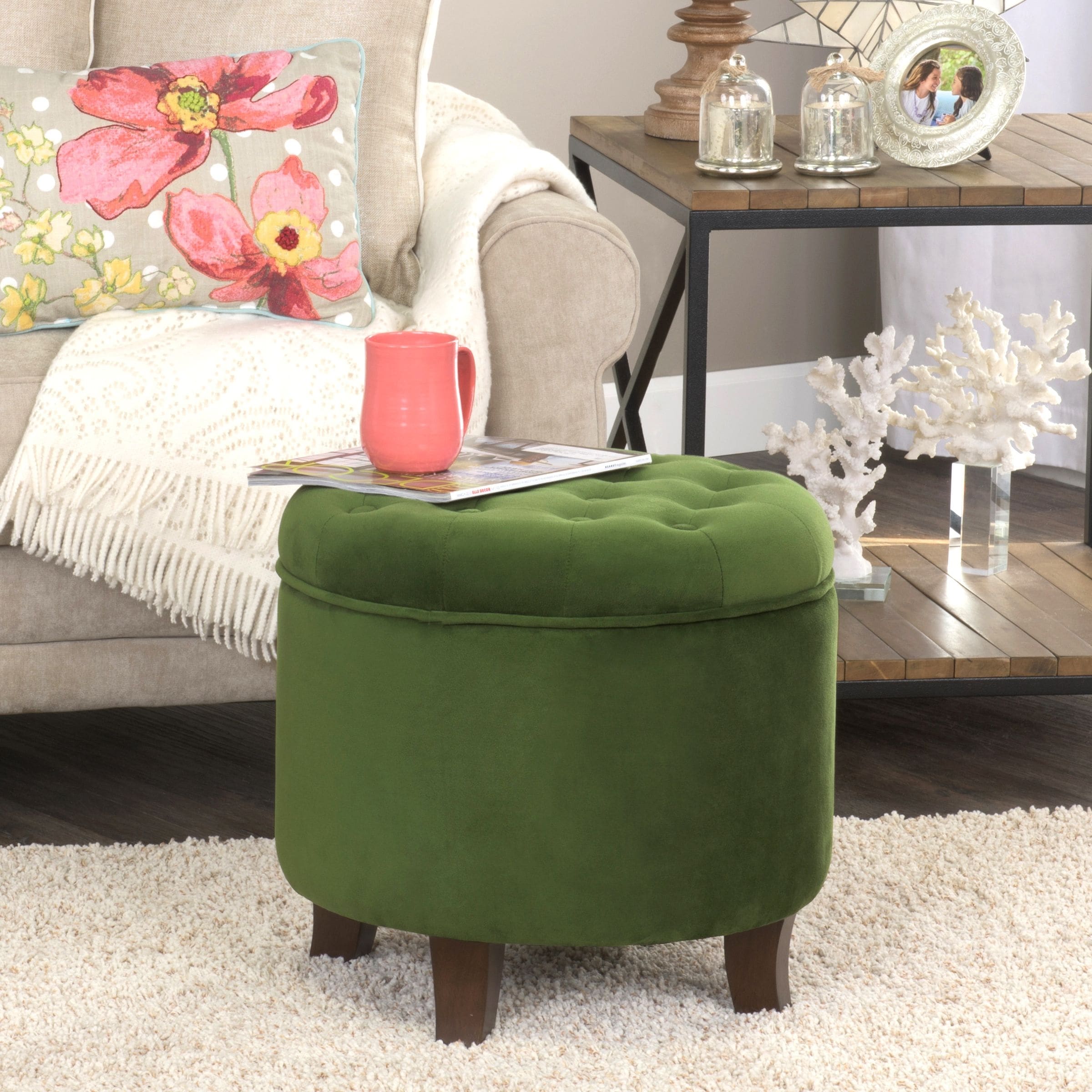 Carbon Loft Hackback Velvet Forest Green Round Storage Ottoman
