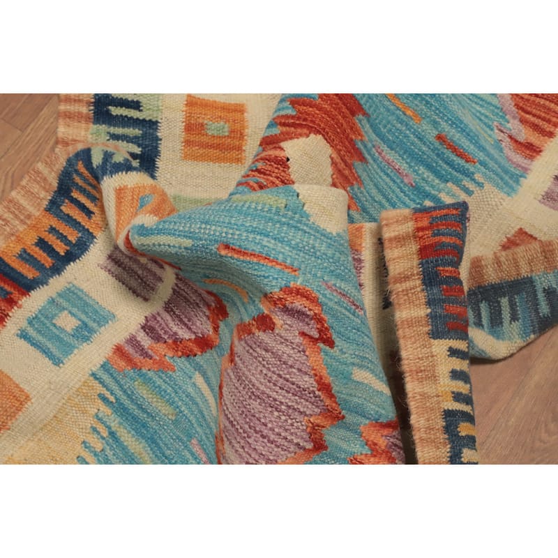 Hand Woven Oriental 100% Wool Carpet Southwestern Tribal Navy Blue & Blues Kilim Runner Rug - 10' 10'' X 2' 4''