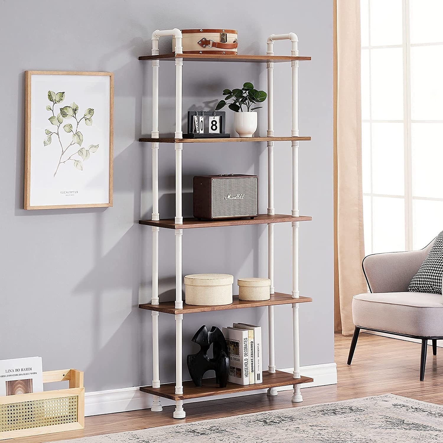 Walnut and store white bookshelf