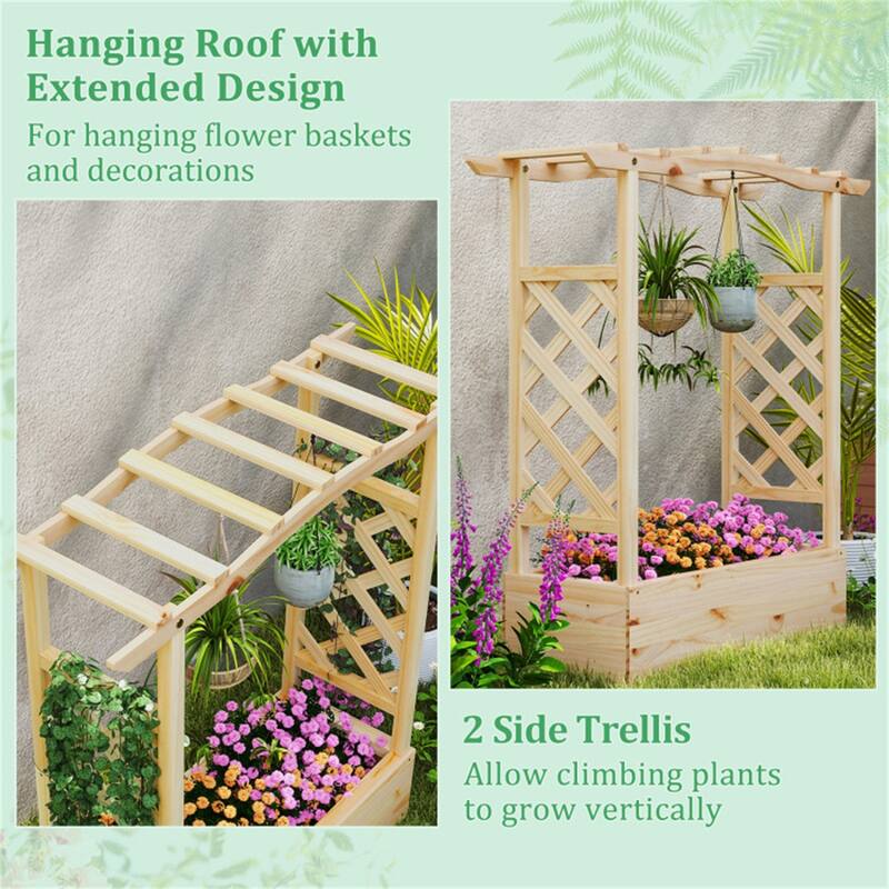 44" Wooden Raised Planter Box with Side Trellises and Open-Ended Bottom for Large Plants - Natural - 44" x 14" x 45"