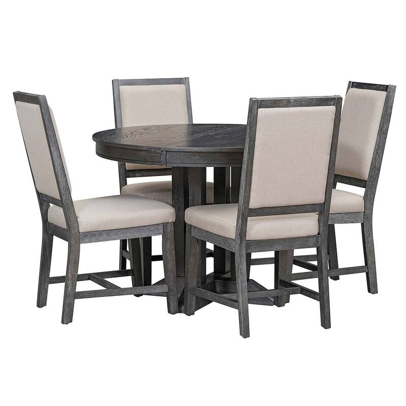Wooden Round Drop Leaf Extendable Dining Table Set with 4 Upholstered Chairs - Black