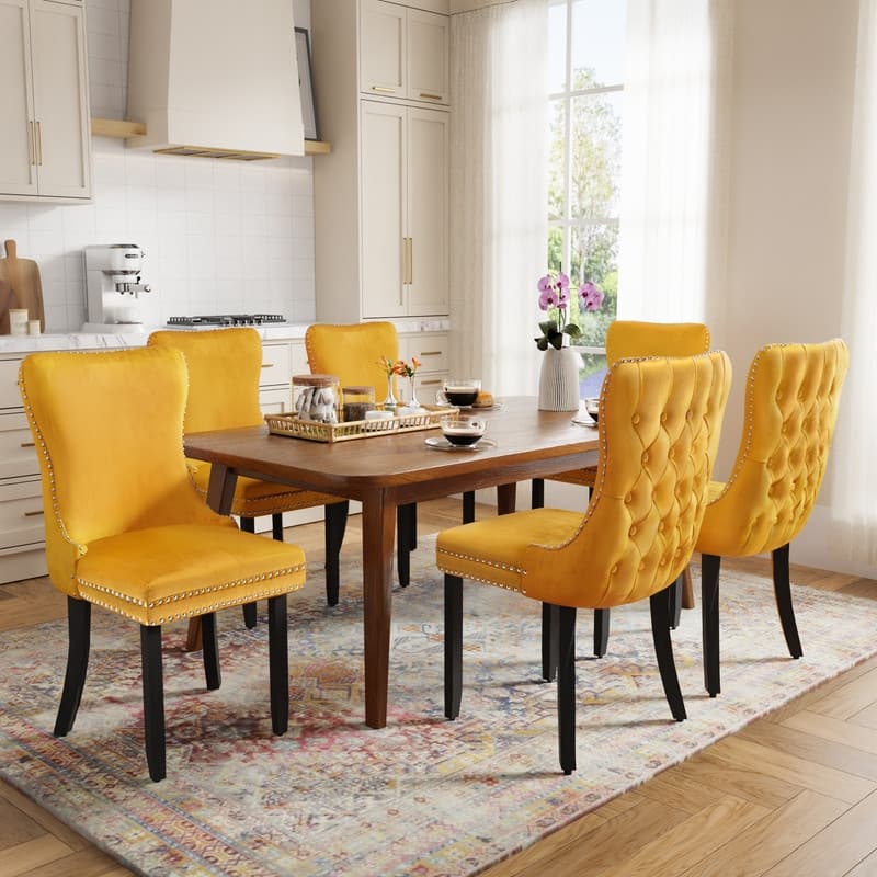 18.9" Upholstered Wing Back Dining Chair (Set of 6) - Yellow Velvet