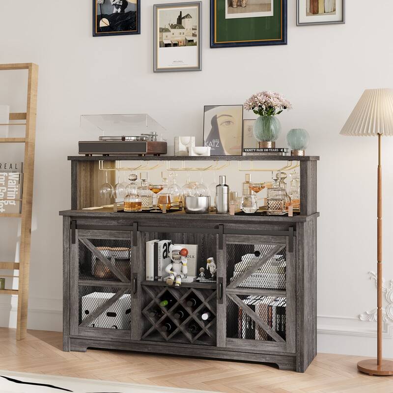 Gymojoy 16-Color LED Bar Cabinet with Wine Rack, White Kitchen Hutch for Coffee Bar & Dining Room, Farmhouse Storage Cabinet