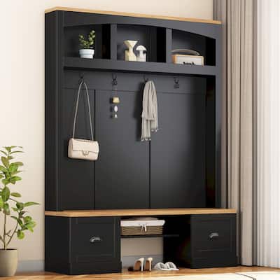 Farmhouse 4-in-1 Hall Tree with Wood Grain Bench and Top, Multifunctional Coat Rack with Black Hooks, Adjustable Shelves