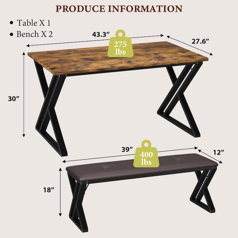 3 Piece Z-Shaped Leg Dining Table with 2 Benches, Space-Saving