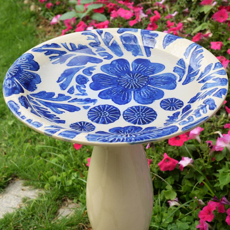 Floral Outdoor Patio Ceramic Birdbath - 21.75" - Cream and Blue