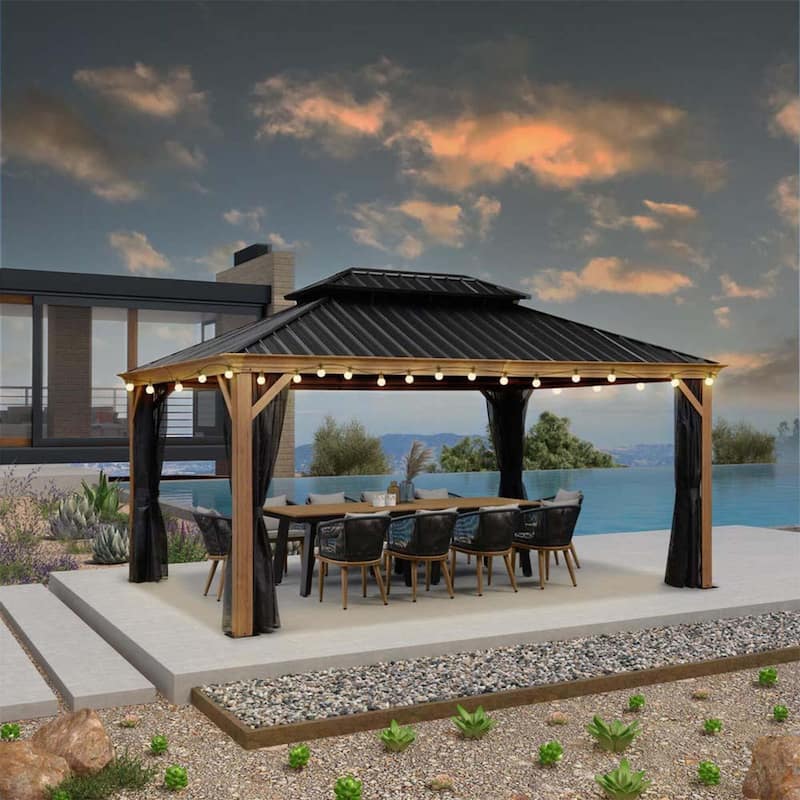 PURPLE LEAF Hardtop Gazebo Galvanized Steel Roof Gazebo Pergola w Wooden Coated Alumninum Frame and Mosquito Net - 12ft x 16ft - With lights