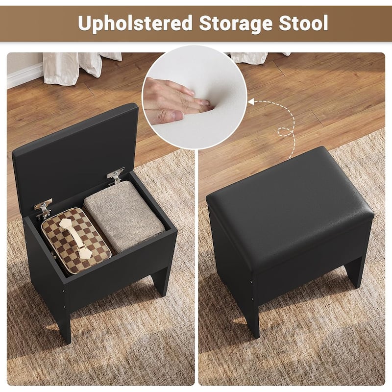 Corner Vanity Desk with Lighted Mirror Drawers Shelves Storage Stool
