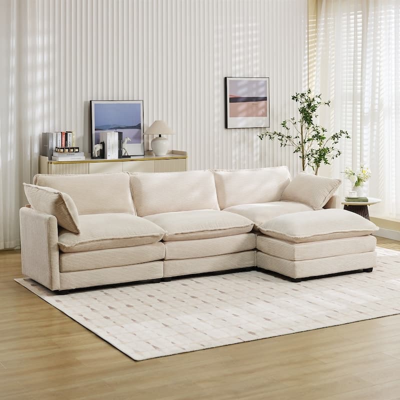 3-Seat Corduroy Modular Sofa with an Independent Removable Ottoman for Living Room or Business