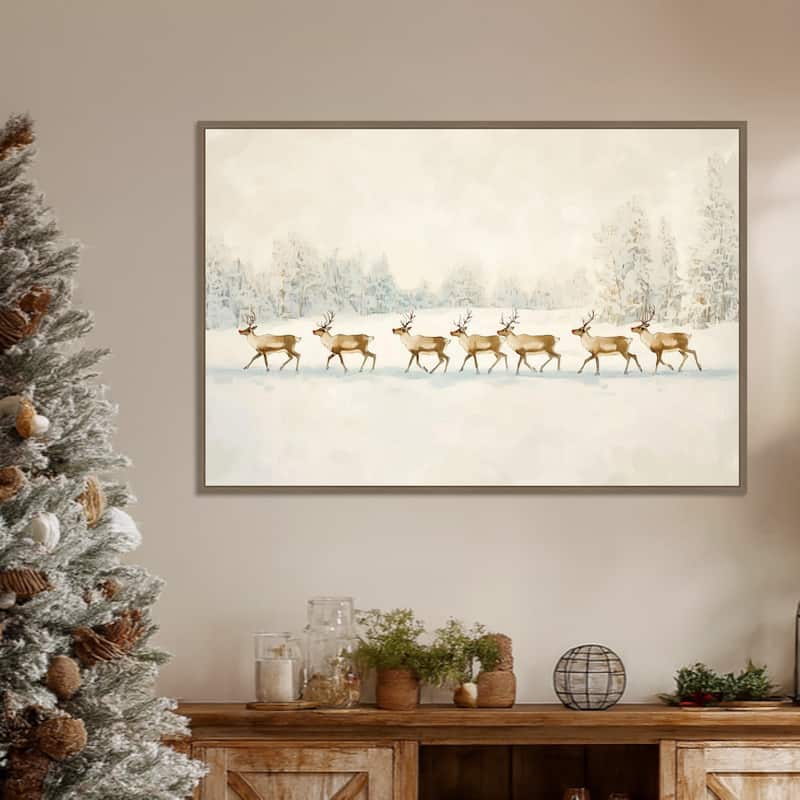 Winter Wonderland: Reindeer Procession by Melloi Art Prints Framed Canvas Wall Art Print - Sylvie Dark Gold
