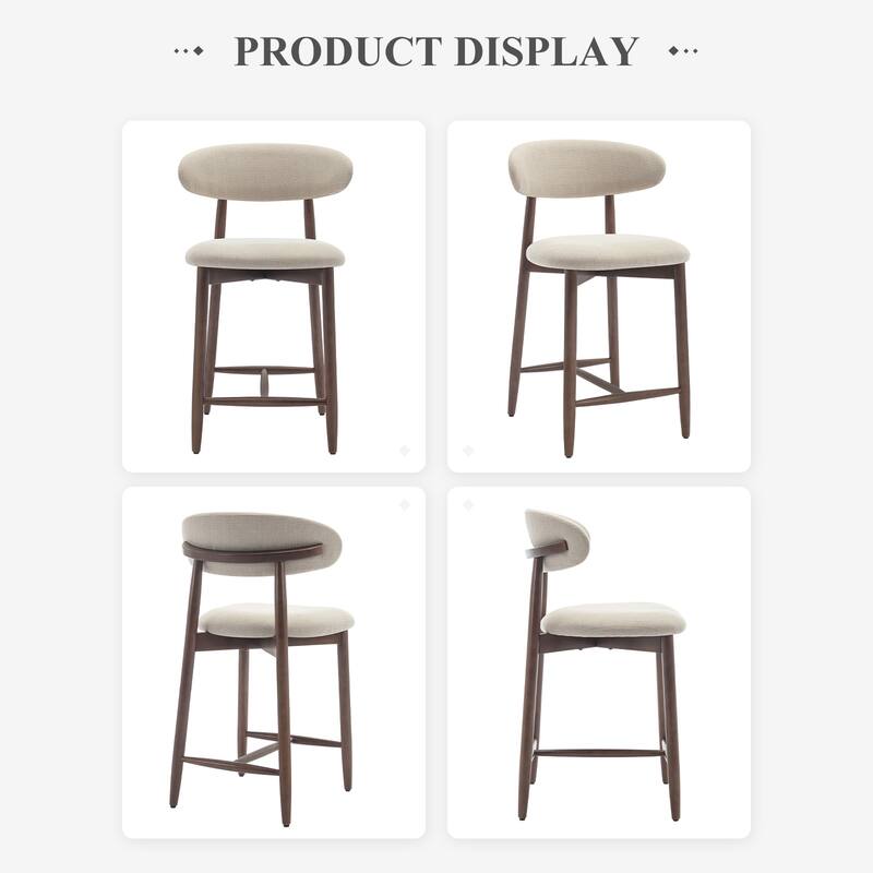 Mid-Century Modern Upholstered Bar Stools with Backrest - Solid Wood Legs Counter Height Stools