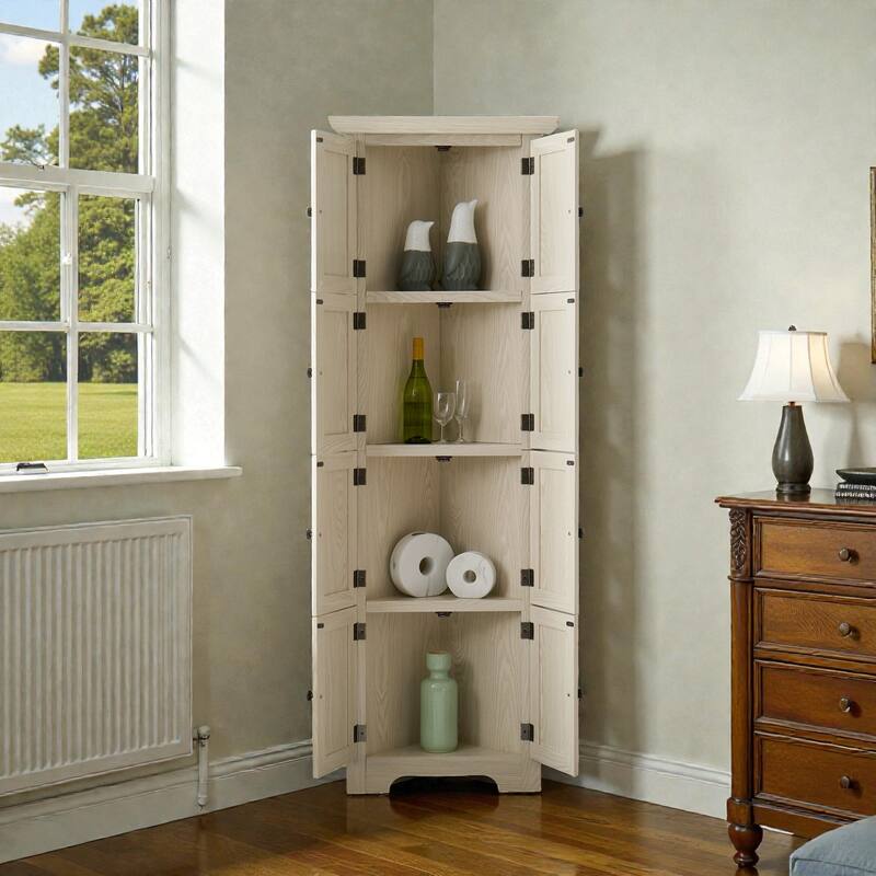 72 Inch Corner Kitchen Pantry Cabinet with 8 Doors, 4-Tier Tall Storage Cabinet for Living Room, Bathroom, Farmhouse Style