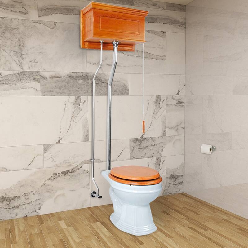 High Tank Toilet Light Oak Finish Wooden Tank, Round Rear Entry White Bowl and L Pipes Renovators Supply