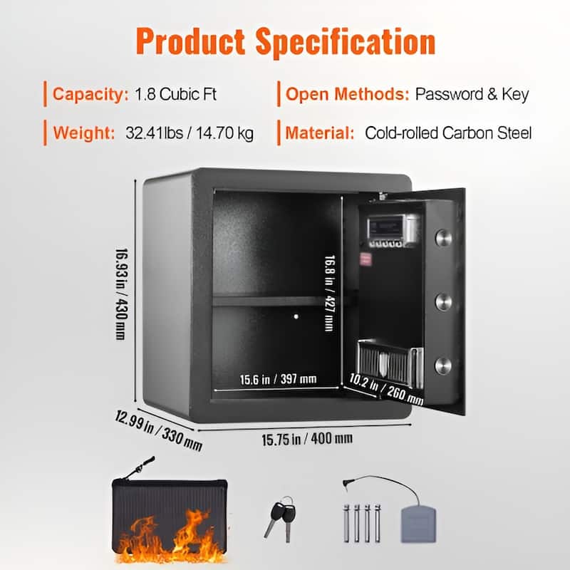 Black Cold-Rolled Carbon Steel Safe with Alarm, Dual Lock and 1.8 Cu Ft