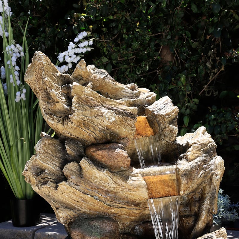 Alpine Corporation 47" Tall Outdoor 5-Tier Tree Trunk Waterfall Floor Fountain with LED Lights