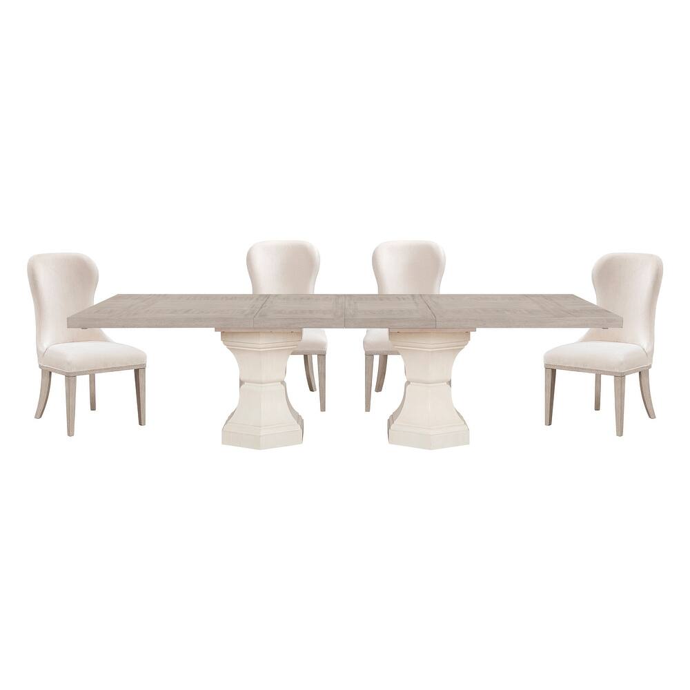 Modern Dining Set Extendable Table Armchairs Side Chairs Ivory Fabric Upholstered Furniture