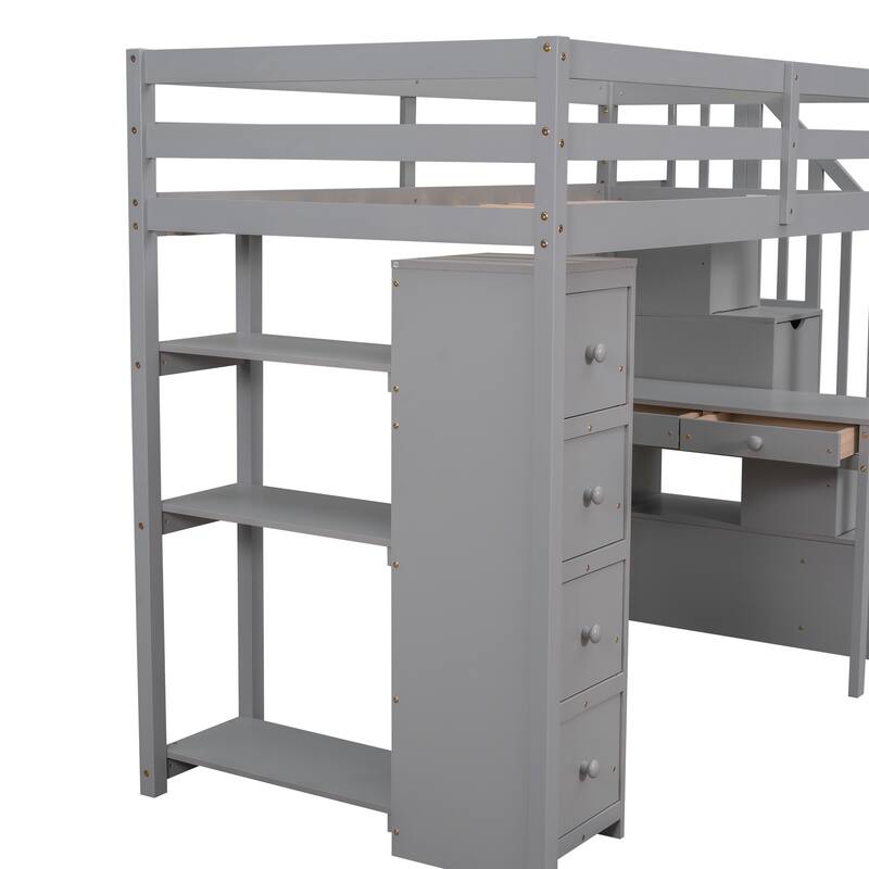 Wood Twin Size Loft Bed with Desk, Storage Stairs, Drawers and Shelves, Solid Wood Twin Bedframe Multi-Functional High Loftbed