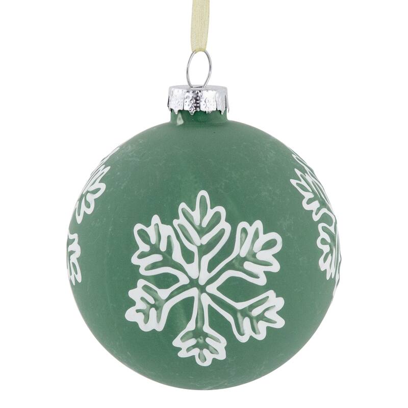 4Ct Green Glass Christmas Ball Ornaments With White Snowflakes 3" 80mm