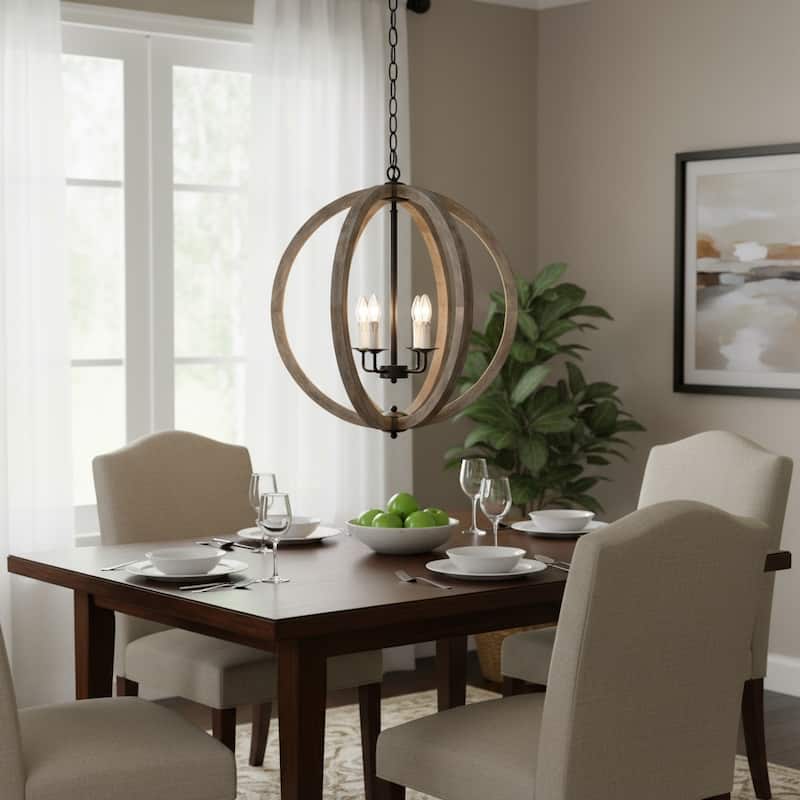 4 light Pendant Orb Chandelier in Rustic black and Vintage wood finish