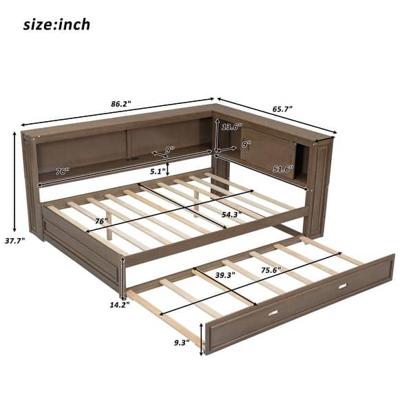 dimension image slide 1 of 2, Full Size Wood Daybed with Storage Shelves, USB, LED Lights, and Trundle