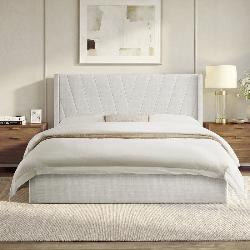 Modern Wingback Upholstered Storage Bed with Hydraulic Lift Platform