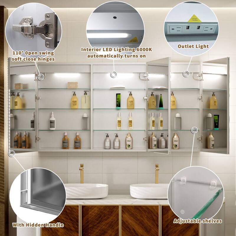 Modland 48-60" Extra Wide LED Medicine Cabinet - Dimmable Tri-Color Lighting,Defogger & GFCI Outlet