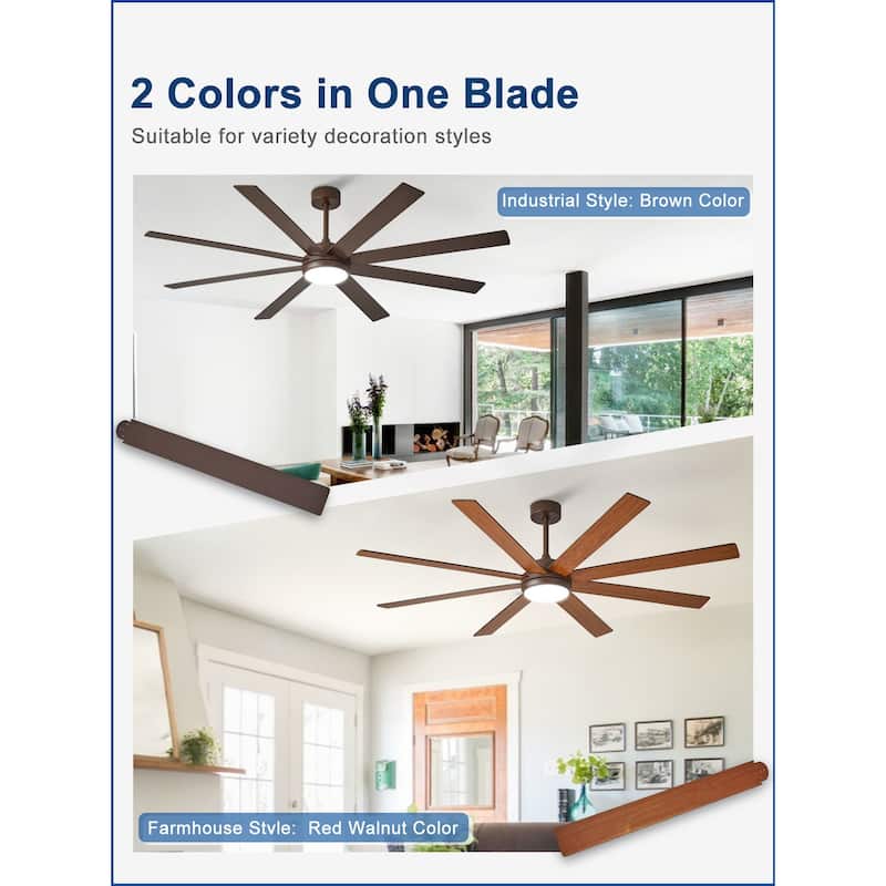 Large Ceiling Fan with Light - 8-Blade, Remote App Control, Dimmable 3CCT, Quiet DC Motor​, 66/72 Inches