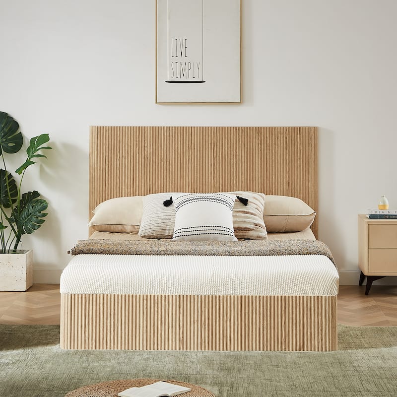 Queen Hydraulic Lift Up Storage Bed, Classic Wooden Grounding Platform Bed Frame, Heavy Duty Metal Slat Support - Oak - Queen