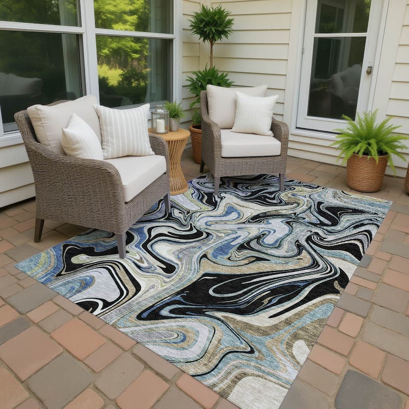 Machine Washable Indoor/ Outdoor Contemproary Fusion Chantille Rug - Black - 5' x 7'6"