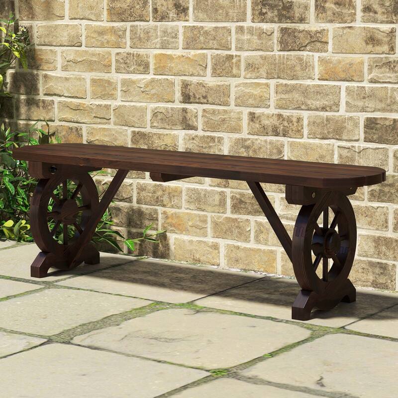 Costway Patio Rustic Wood Bench with Wagon Wheel Base Slatted Seat - See Details