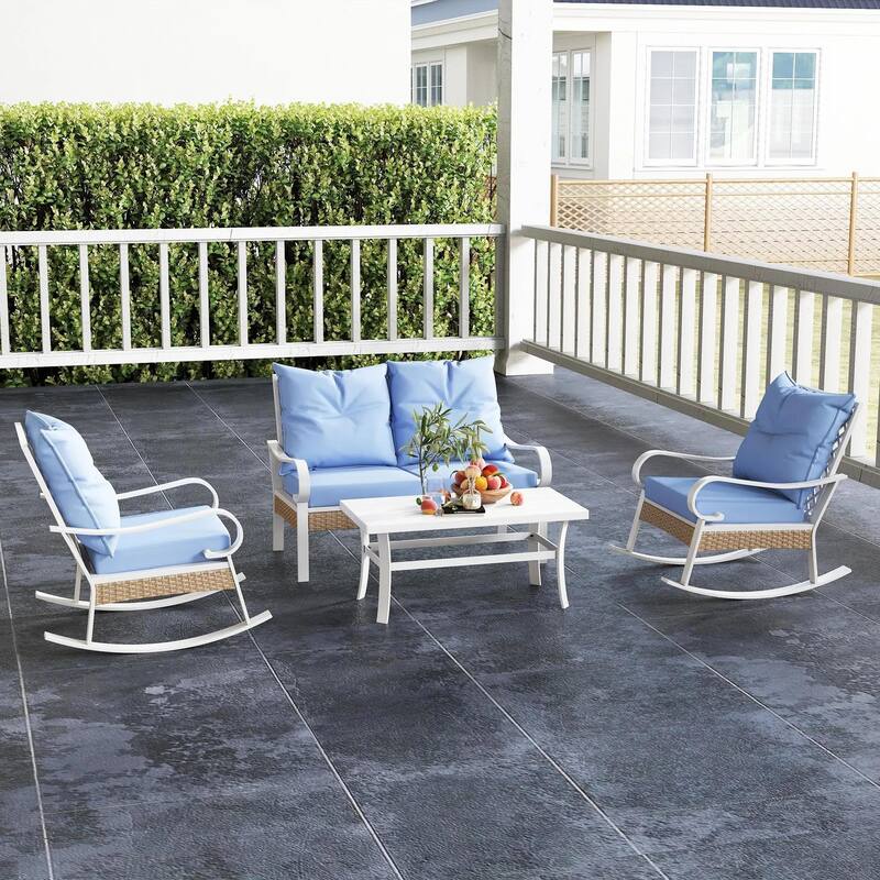 4PCS Patio Furniture Set with Rocking Chairs, Loveseat, Coffee Table