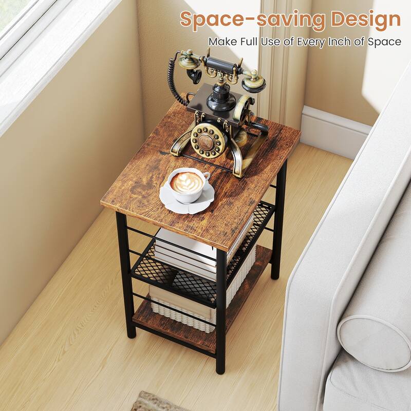 3-Tier End Table Space-Saving Nightstand Industrial Bedside Table for Living Room Bedroom-Rustic Brown - Multi