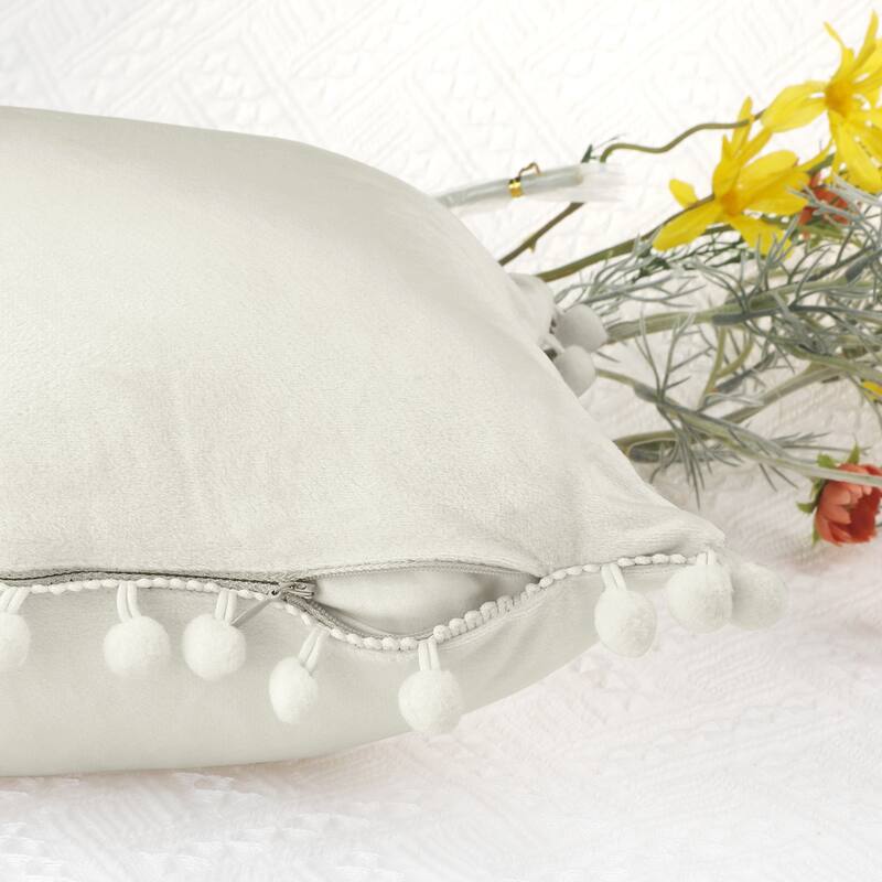 Pack of 2 Velvet Throw Pillow Covers with Pompoms Decorative Pillow Cases Fringe Cushion Covers Velvet Square Sham