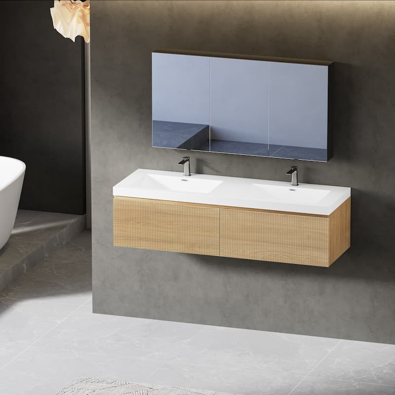 GDFStudio - Emerson 60-Inch Floating Double Bathroom Vanity with Solid Surface Basins and Fluted Storage Drawers