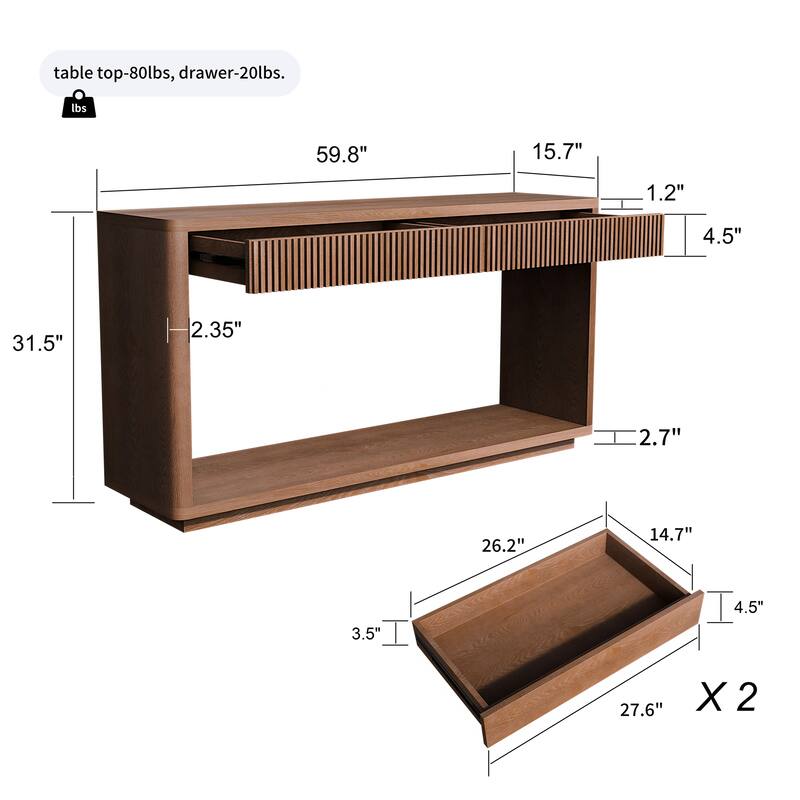 60" Modern Fluted Console Table with 2 Drawers, Natural Wood Veneer Sofa Table for Living Room Hallway Entryway
