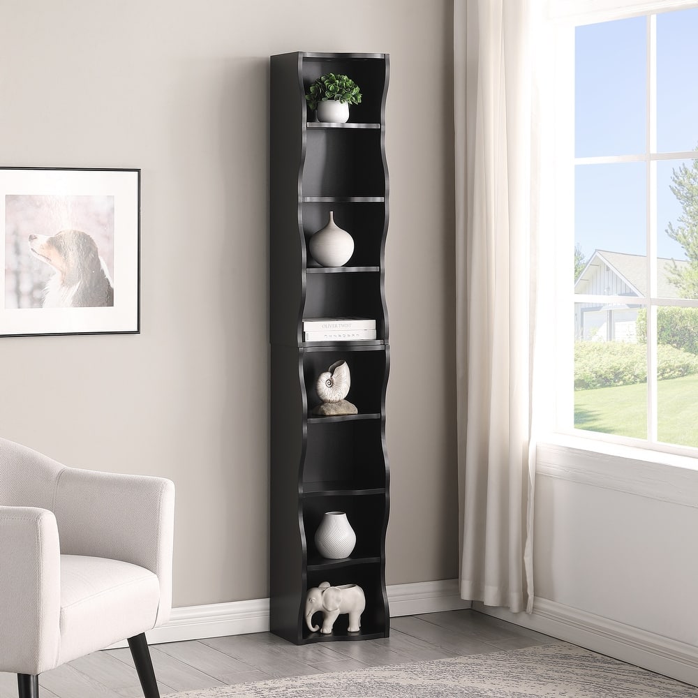 Roomfitters 8-Tier Tall Narrow Bookcase with Wavy Edge Design, Adjustable Shelves Slim Bookshelf for Living Room or Office