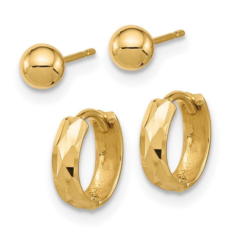 Curata 14k Yellow Gold Polished 4mm Ball and Sparkle Cut Hoop Earrings - Set