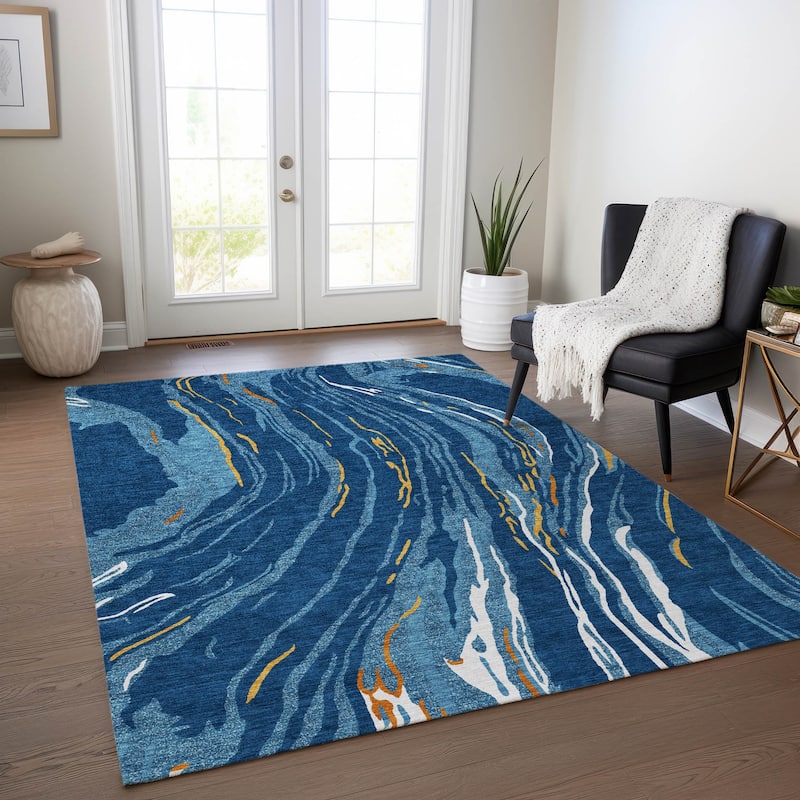 Machine Washable Indoor/ Outdoor Modern Wave Chantille Rug - Navy - 9' x 12'