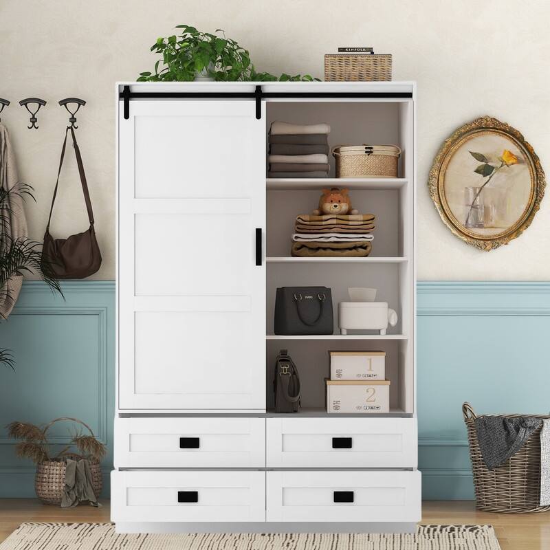 Armoire Wardrobe Closet, Wardrobe Cabinet with Sliding Barn Door, 4 Drawers,Adjustable Shelves & Hanging Rod - White B