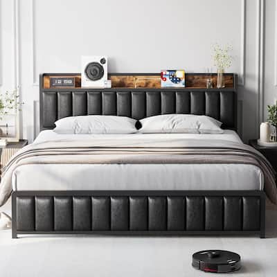 Queen Size Bed Frame with Storage Headboard
