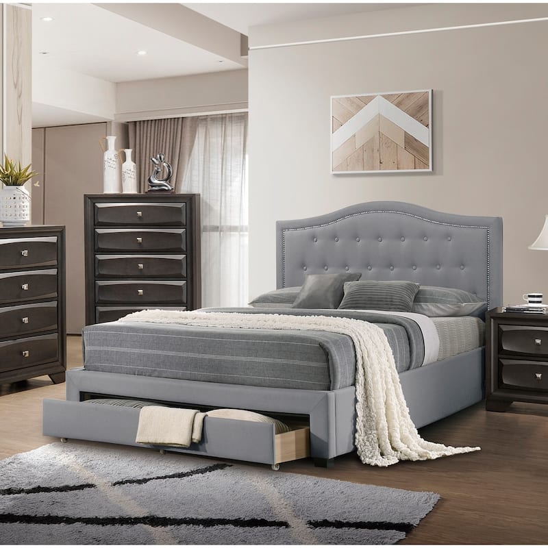 Light Grey Burlap Fabric Twin Size Bed with Drawer, Button Tufted Arch Headboard, Storage Bedframe