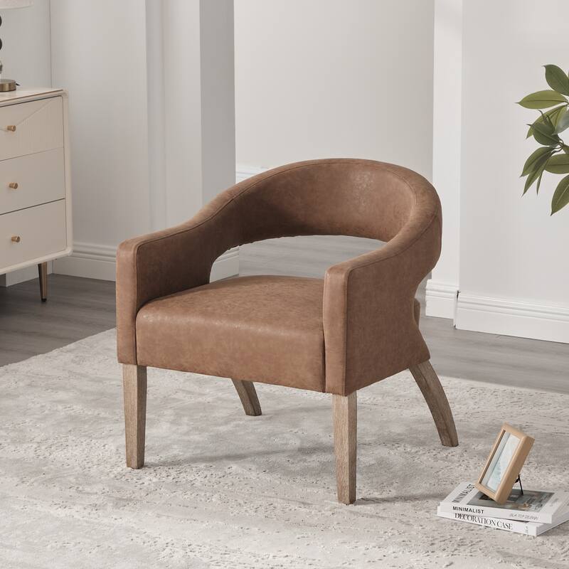 Modern Upholstered PU Open Back Accent Armchair Barrel Dining Chair with Weathered Rubberwood Legs, Hollow-Out Side Club Chair