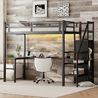 Twin XL Size Metal Loft Bed with L-shaped Desk, USB, Wardrobe and LED