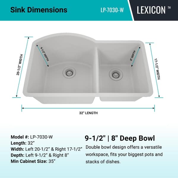 dimension image slide 2 of 9, Lexicon Platinum Quartz 32 Inch 70/30 Double Bowl Kitchen Sink with Bottom Grids and Strainers and Disposal Flange