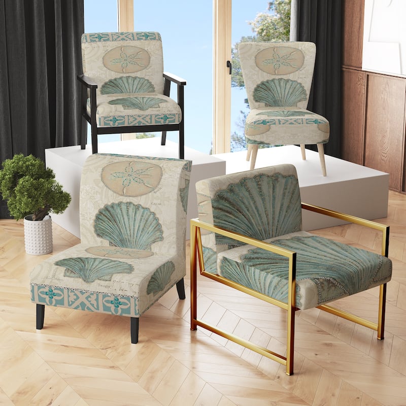 Designart "Seastar And Blue Sea Shell II" Upholstered Nautical & Coastal Accent Chair - Arm Chair