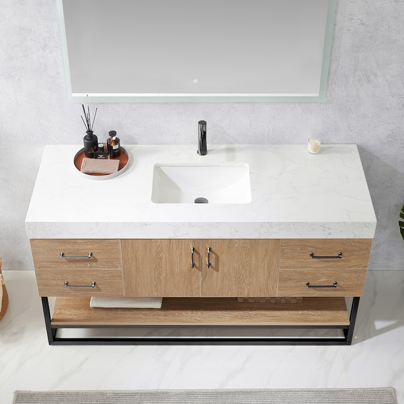 Alistair 60" Single Vanity with White Grain Stone Top without Mirror - 60" x 22"