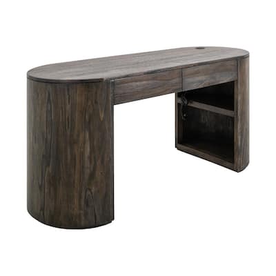 Eray Writing Desk, 2 Drawers, USB Ports, Teak, Black Wood 60 Inch