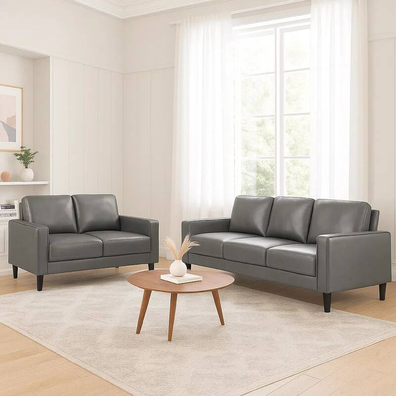 Rumi 2pc Sofa and Loveseat Set, Modern Track Arms, Gray Faux Leather