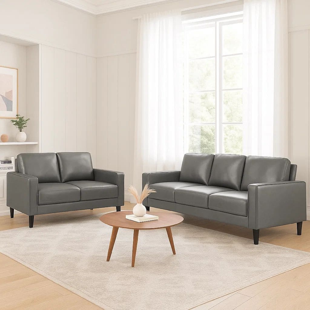 Rumi 2pc Sofa and Loveseat Set, Modern Track Arms, Gray Faux Leather